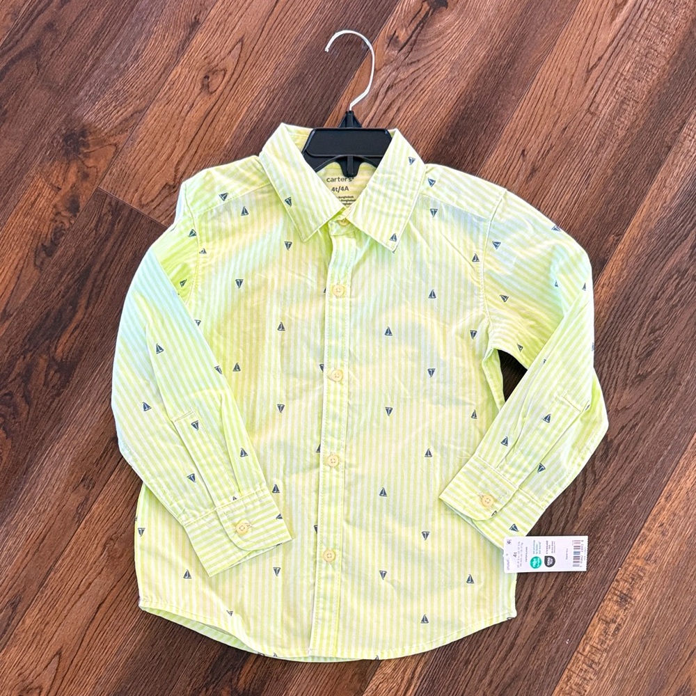 Carter's Lime Green Striped Button Down Shirt size 4T with sailboats